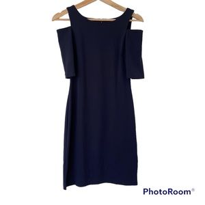 VINCE CAMUTO NAVY COLD SHOULDER SHIFT DRESS WITH GOLD ZIPPER CLOSURE, SIZE 2